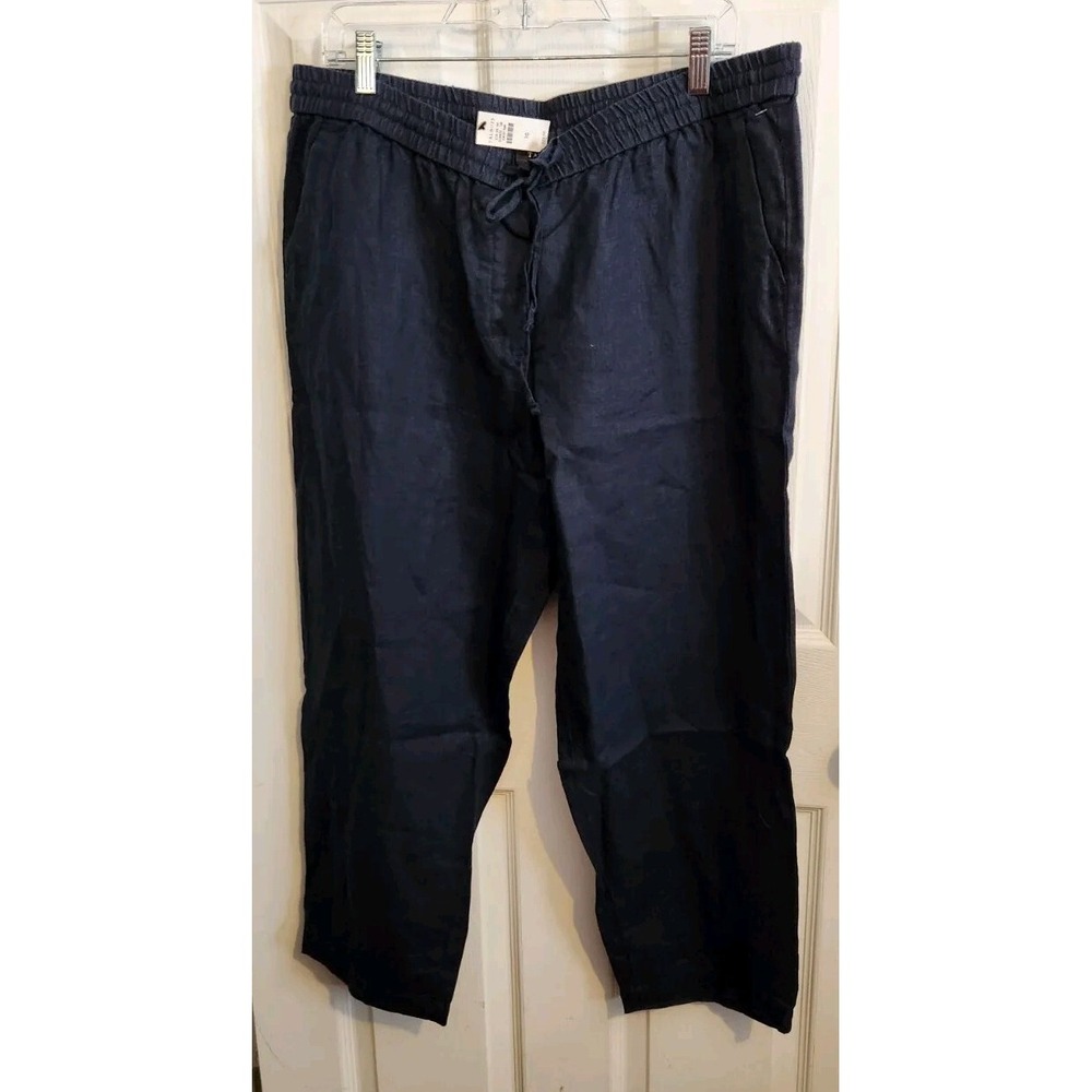 Talbots Navy Blue 100% Linen Wide Leg Cropped Leg 16 Coastal Beach Nautical NWT